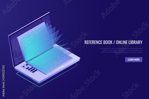 Concept of online education. Laptop with opened book.Conceptual banner of the online library. Isometric style