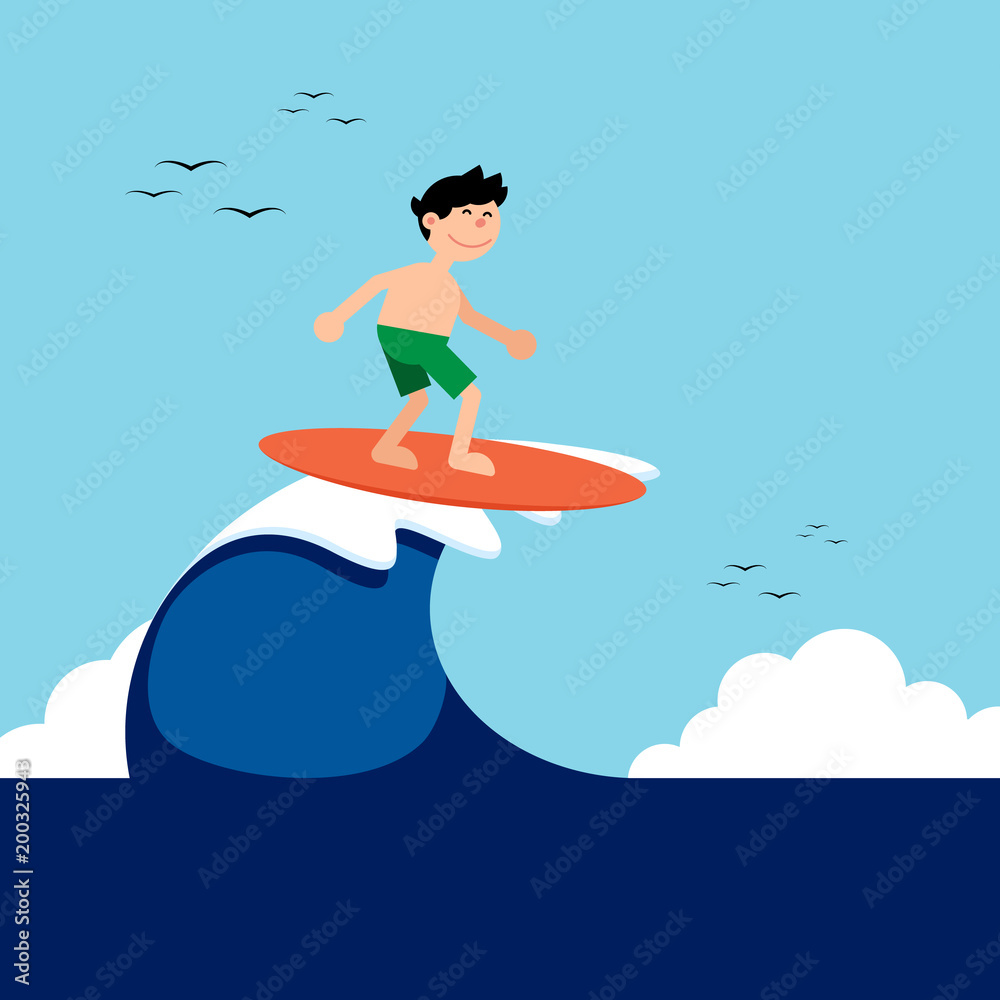 Surfer boy riding a wave in summer with sea landscape background flat design