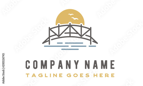 Sunset Wooden Bridge on Sea River Lake logo design 