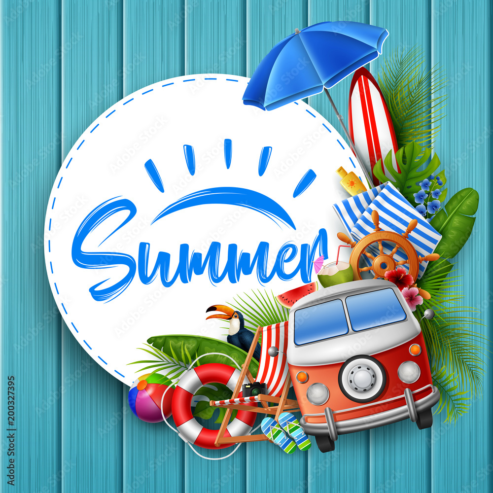 Fototapeta premium Hello Summer with leaves tropical, round paper, banner, poster, on wooden background