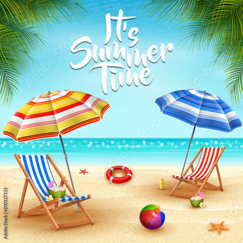 Summer holidays background. Umbrellas, desk chair, ball, lifebuoy, sunblock, starfish, and coconut cocktail on a sandy beach