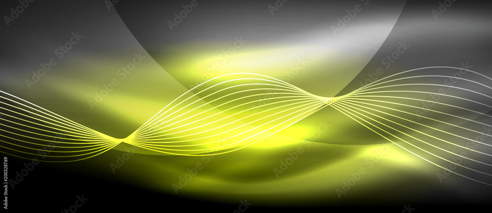 Glowing abstract wave on dark, shiny motion, magic space light. Techno abstract background Glowing abstract wave on dark, shiny motion, magic space light. Techno abstract background