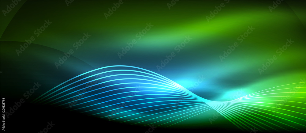 Glowing abstract wave on dark, shiny motion, magic space light. Techno abstract background