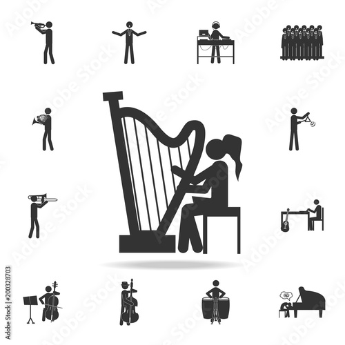 Girl playing the harp icon. Detailed set of music icons. Premium quality graphic design. One of the collection icons for websites; web design; mobile app