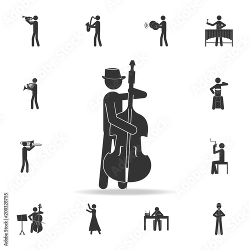 Double bass player with a contrabass icon, mobile. Detailed set of music icons. Premium quality graphic design. One of the collection icons for websites; web design; mobile app