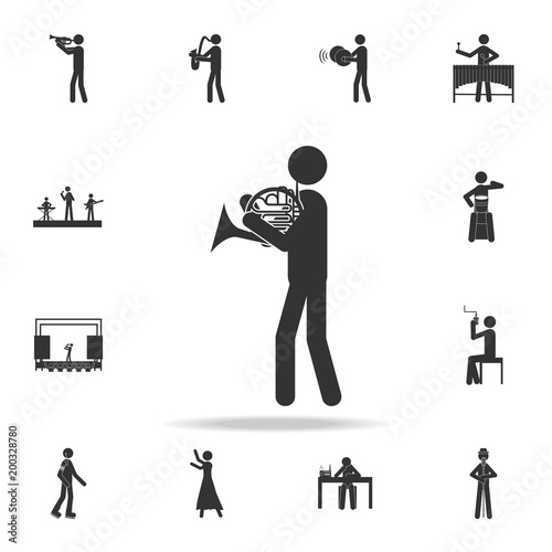 Music horn player. Detailed set of music icons. Premium quality graphic design. One of the collection icons for websites; web design; mobile app