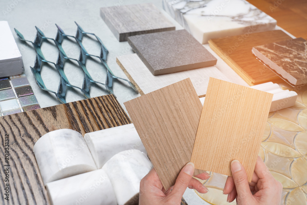 samples of material, wood , on concrete table.Interior design select material for idea.