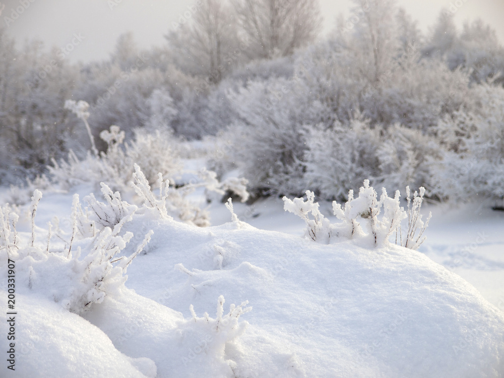 Winter snow scenary. A landscape with caps of snow on the ground and hillocks Winter snow scenary. A landscape with caps of snow on the ground and hillocks