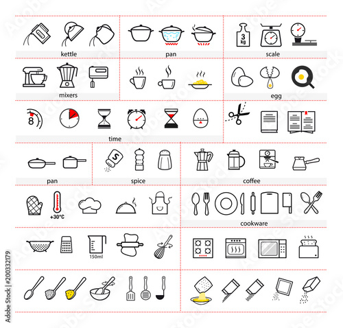 Cooking and preparation instructions. Set of sign for detailed guideline. Vector elements on a white background. Ready for your design. EPS10.