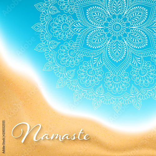 Flyer or brochure template with hand drawn mandala pattern on seashore background. Yoga classes banner. Vector Illustration