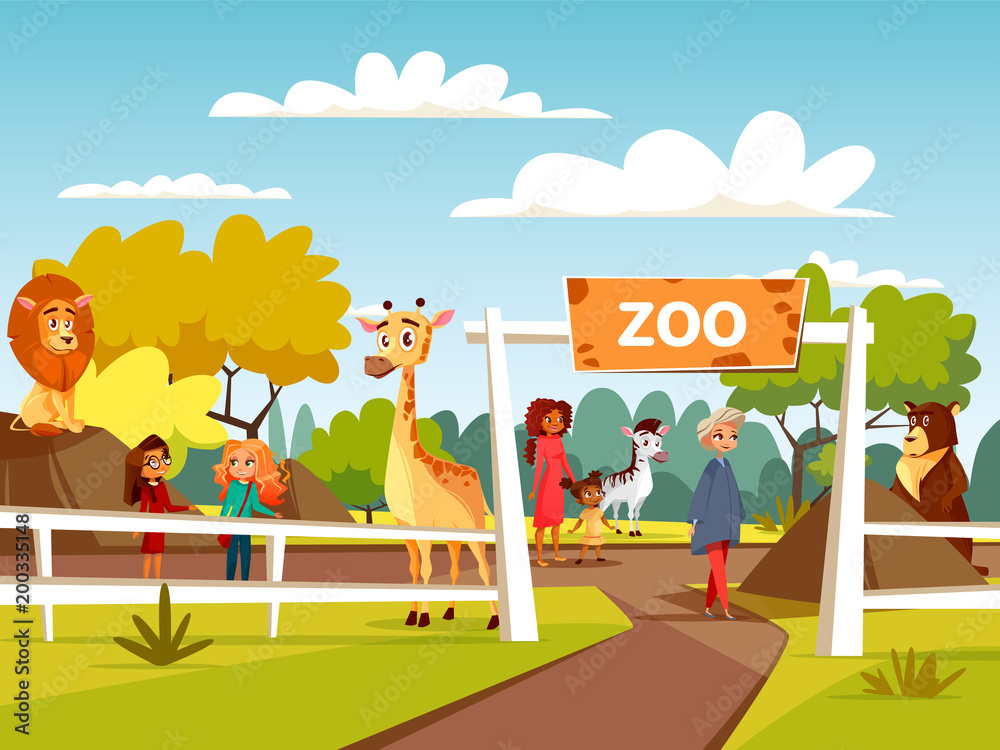 Zoo vector illustration or petting zoo cartoon design. Open zoo wild animas and visitors family with children interacting with African lion and giraffe, wild bear or zebra in natural area background