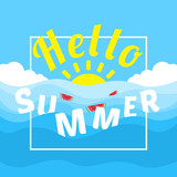 hello summer banner design with floating watermelon slice in water