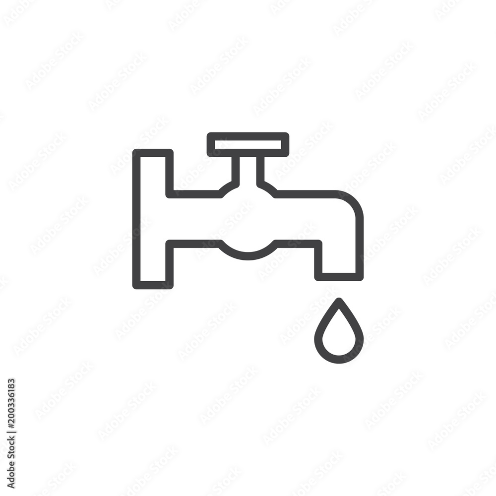 Faucet with water drop outline icon. linear style sign for mobile concept and web design. Tap water stopcock simple line vector icon. Symbol, logo illustration. Pixel perfect vector graphics Faucet with water drop outline icon. linear style sign for mobile concept and web design. Tap water stopcock simple line vector icon. Symbol, logo illustration. Pixel perfect vector graphics