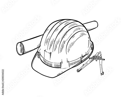 Helmet Compass and paper roll architect tools hand drawn