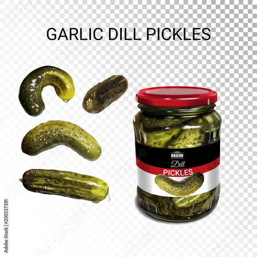 Vector realistic illustration of pickled cucumbers. Colorful objects on a transparent background.