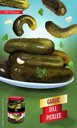 Vector realistic illustration of pickled cucumber. Vertical banner with pickles.