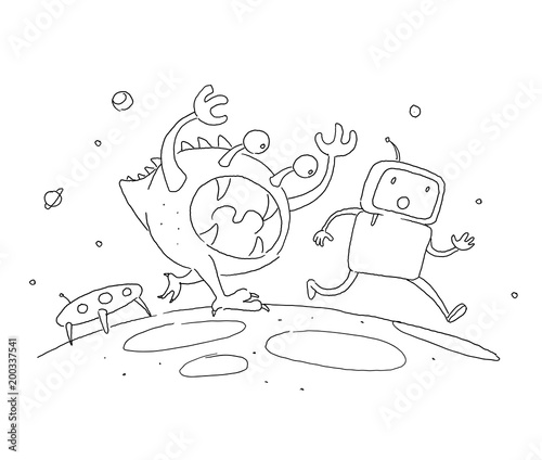 Sketch robot male character, an astronaut escapes runs from a monster on another planet. 404 error not page. Hand drawn black line vector illustration