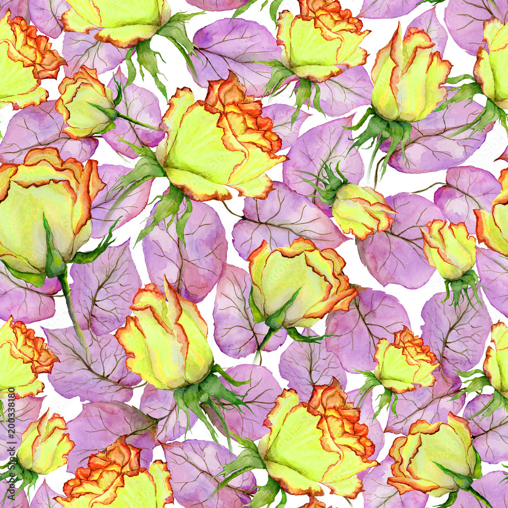 Beautiful yellow and red roses and leaves on white background. Seamless floral pattern. Watercolor painting. Hand drawn and painted illustration.