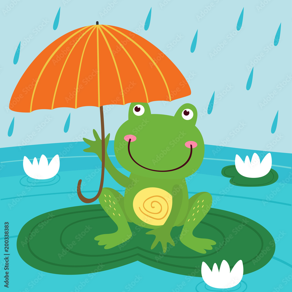 Naklejka premium frog hide from rain under umbrella- vector illustration, eps 