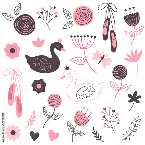 set of isolated beautiful flowers and swans - vector illustration, eps
