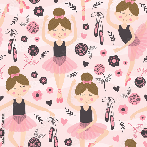 seamless pattern pink with cute ballerina girl  - vector illustration, eps
