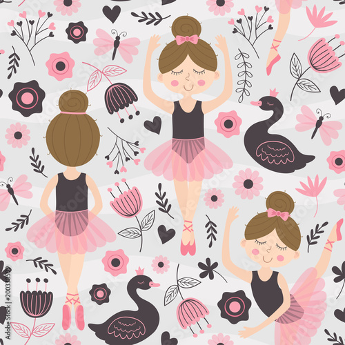 seamless pattern with cute ballerina girl - vector illustration, eps