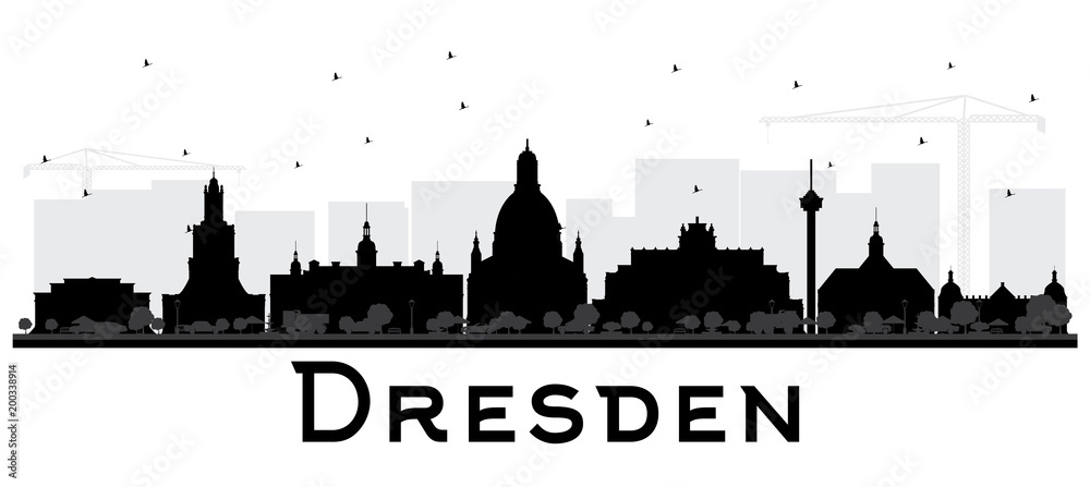 Dresden Germany City Skyline Silhouette with Black Buildings Isolated on White.