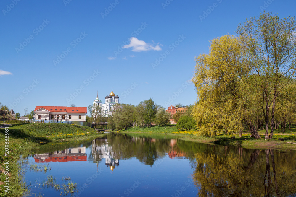 View from afar to the Trinity Cathedral in the Pskov Kremlin