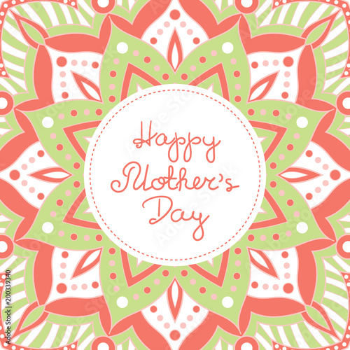 Happy Mothers Day background vector. Spring bright floral pattern print with frame and lettering text for holiday web banner  greeting card for mom or poster templates design.