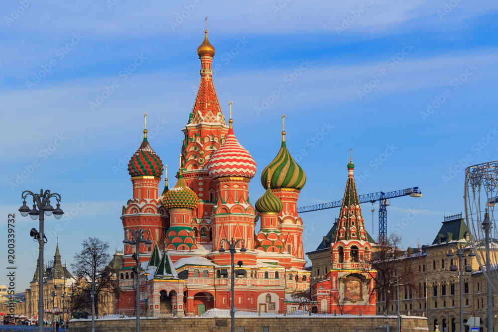 St. Basil's Cathedral on the Red Square in Moscow on a sunny winter morning