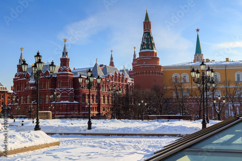 State Historical Museum in Moscow on a sunny winter morning. View from Manege square