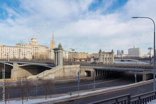 View of the bridges across the Moskva River from Rostovskaya embankment in Moscow photo