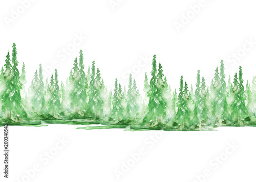 Seamless watercolor linear pattern  border. green spruce  pine  cedar  larch  abstract forest  silhouette of trees. On white isolated background.