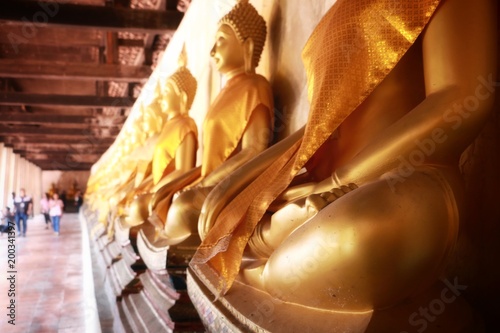 Buddha image god within gold colored in the ayutthaya historical park Thailand 
