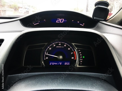 Mileage display panel on the racing car. Dashboard control cars. Analog display panel photo