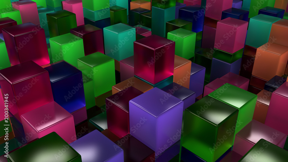 Wall of blue, green, pink and purple glass cubes Wall of blue, green, pink and purple glass cubes