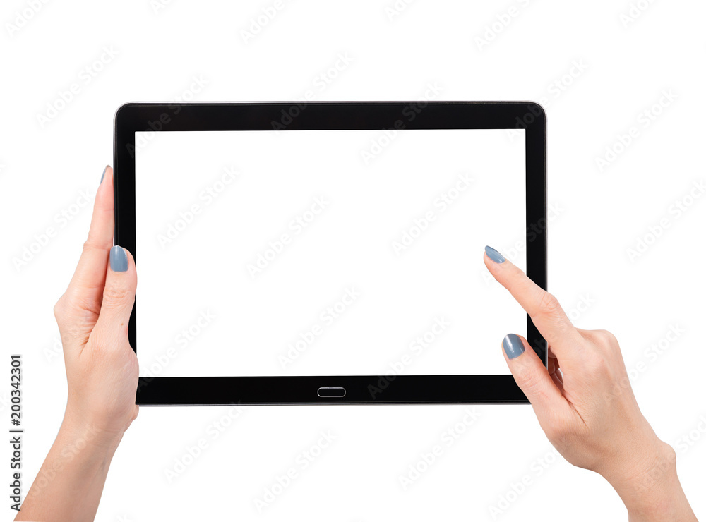 Woman hand using mock up digital tablet isolated clipping patch Woman hand using mock up digital tablet isolated clipping patch