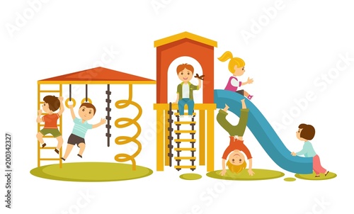 Children have fun at playground with big slide