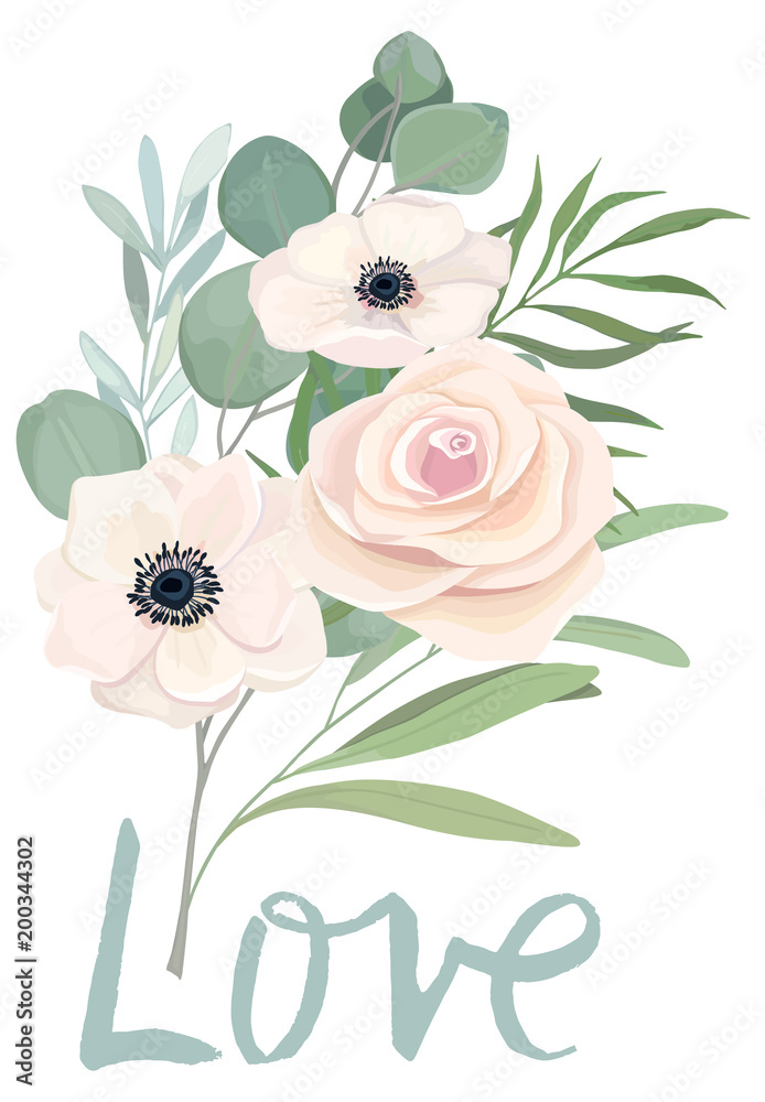Floral card template with rose, anemone, eucalyptus branch and text love. For invite, greeting, wedding, poster, birthday. Vector illustration. Watercolor style