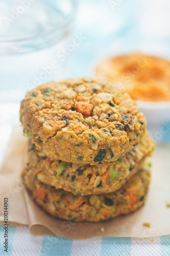 Vegan vegetable cookies. Carrot & pumpkin seed veggie bites with carrot & cannelloni bean houmous
