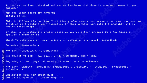 Blue Screen Of Death Vector. BSOD. Fatal Death Computer Error. System Crash Report. Illustration photo