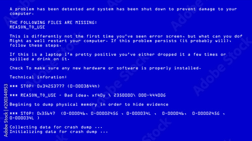 Blue Screen Of Death Vector. BSOD. Fatal Death Computer Error. System Crash Report. Illustration