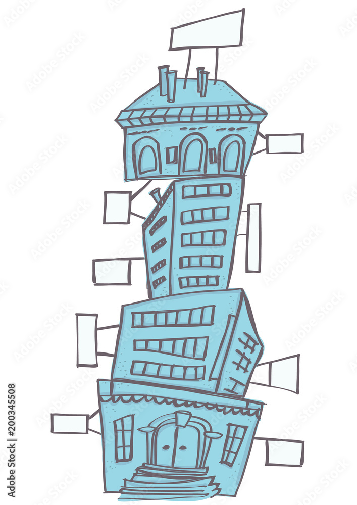 Hand drawn style blue vintage building with empty billboards, isolated vector cartoon on white background