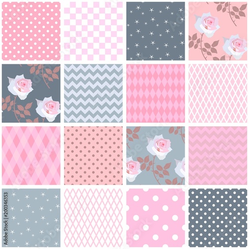 Beautiful seamless patchwork pattern with pink roses and geometric ornamental patches. Square elements in shabby chic style. Vector illustration. Quilting design.