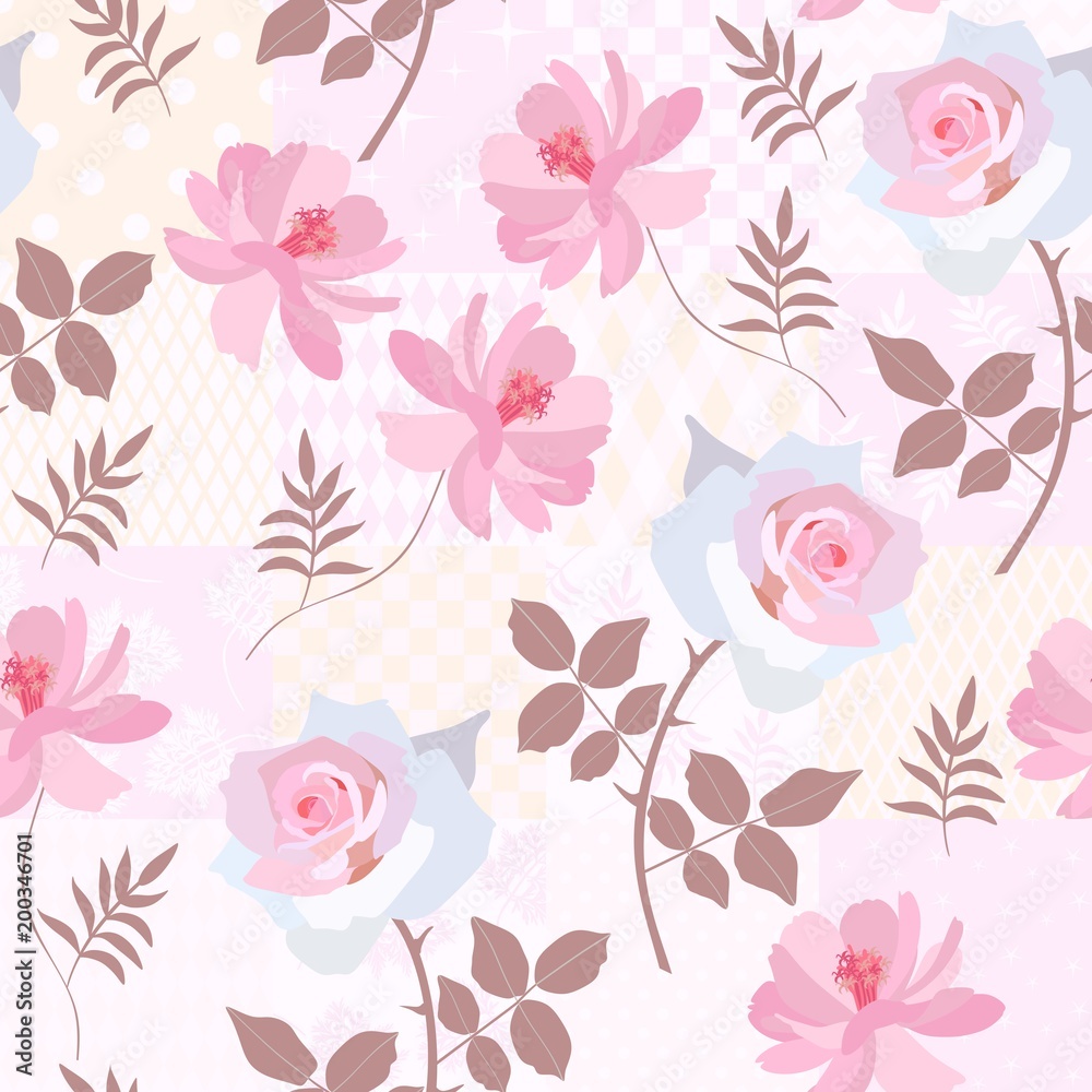 Rose and cosmos flowers on patchwork background. Seamless floral pattern. Vector illustration.
