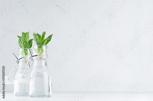 Green young mint leaves in bottle with mineral water on soft white wood board. Summer background, copy space.