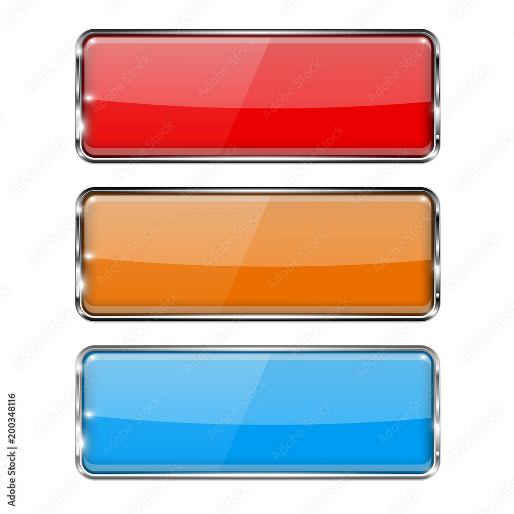 Glass buttons. Rectangle 3d buttons with metal frame Glass buttons. Rectangle 3d buttons with metal frame