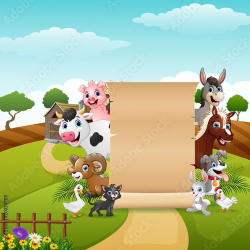 Blank sign paper with the animals at the farm