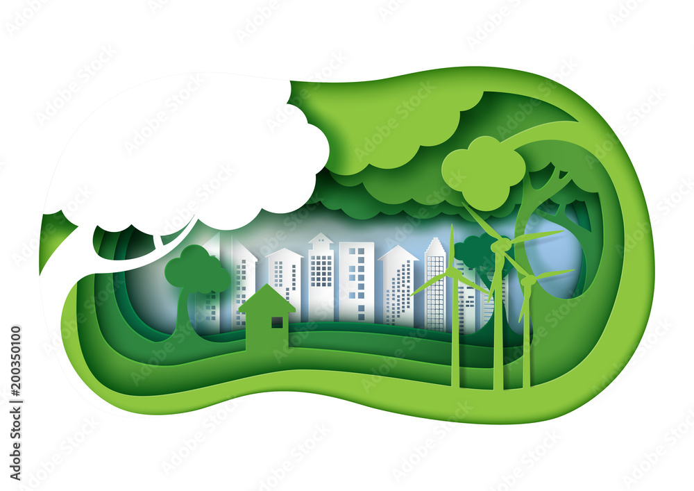 Green eco friendly urban city with 3d paper layer cut abstract nature   and environment conservation concept design paper art   illustration. Stock Vector | Adobe Stock
