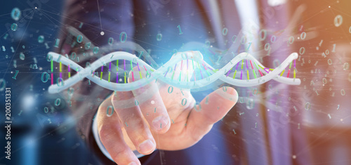 Businessman holding a 3d rendering data coded Dna with binary file around